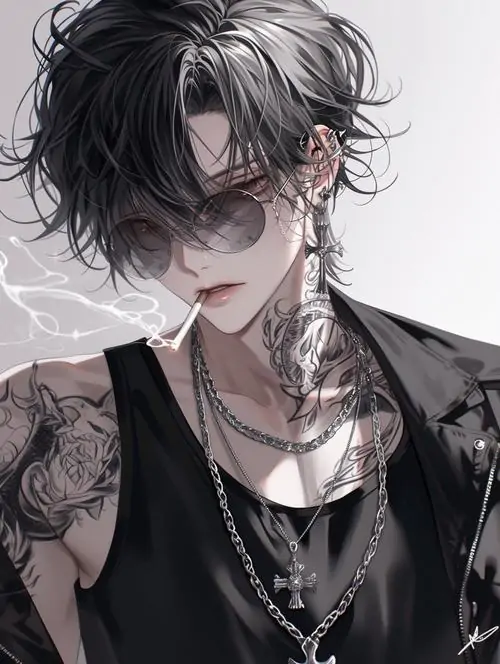 Ảnh profile chàng trai tóc đen cúi nhẹ dưới nền hoa tối, sơ mi mở cổ và dây chuyền mảnh tạo cảm giác lặng mà vẫn rất cứng, hợp kiểu gam màu tối