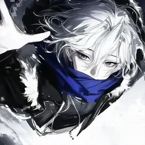 Anh tóc trắng quấn khăn xanh qua nửa mặt, mắt nhìn xiên và áo tối phủ cổ khiến vùng sáng quanh tóc thêm buốt, rõ nét độ tương phản