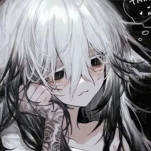 Avatar Discord chàng tóc trắng che nửa mặt sau mái rối, mắt xám nhạt nhìn xuống và nền đen loang làm cả ảnh rất buồn, thiên về cảm xúc