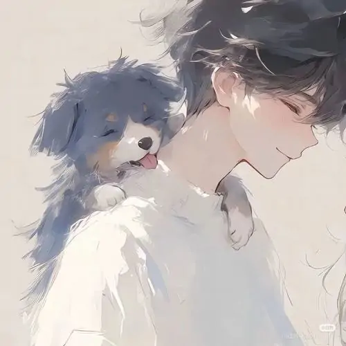 Chàng kiếm sĩ hoạt họa đứng giữa cầu gỗ phủ sương sớm, tay giữ chuôi kiếm, áo haori xanh đậm và phông nền phía sau loang trắng rất tĩnh