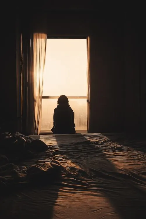 Cô gái đứng bên sạp hoa đóng cửa ngoài chợ sớm, tay vuốt cánh tulip dập và mái tóc ướt sương làm khung hình nghe buồn rười rượi